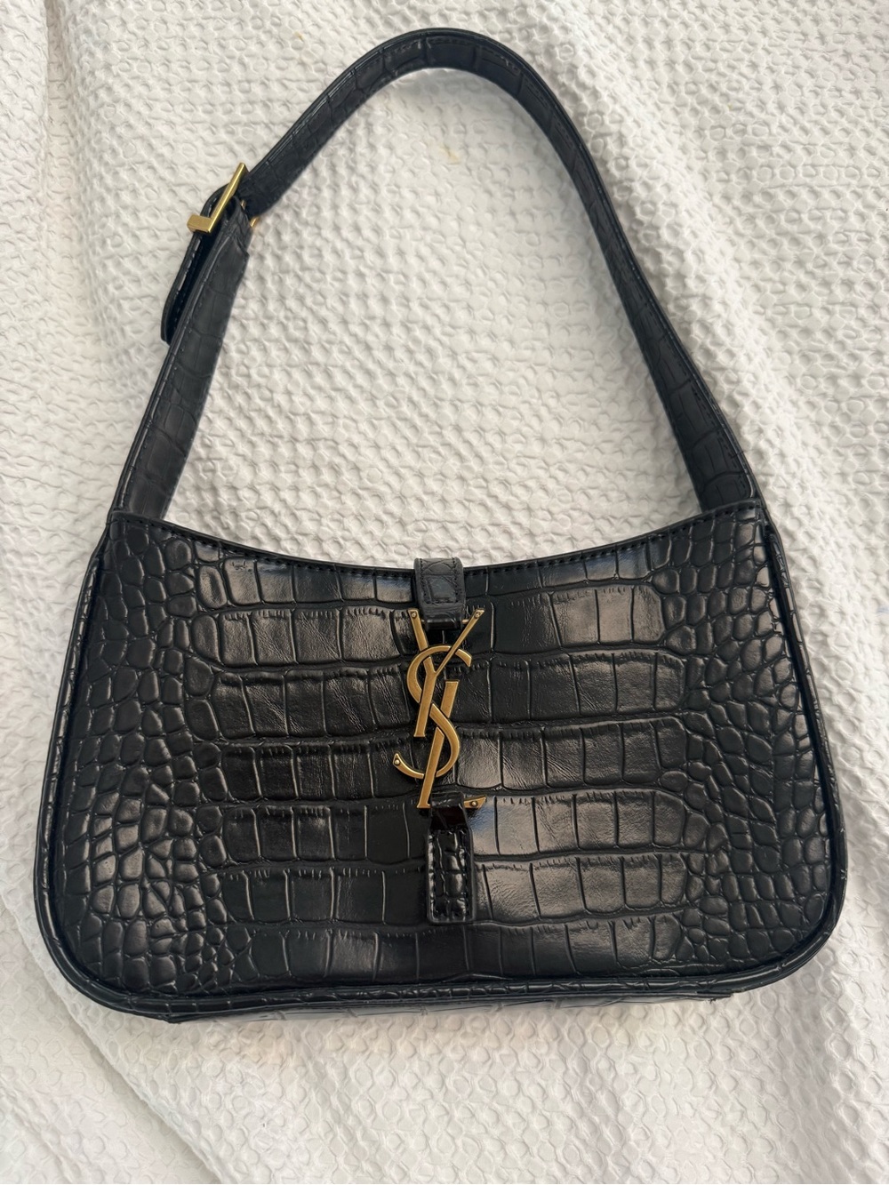 Black Croc-Embossed YSL Logo Shoulder Bag with Gold Hardware